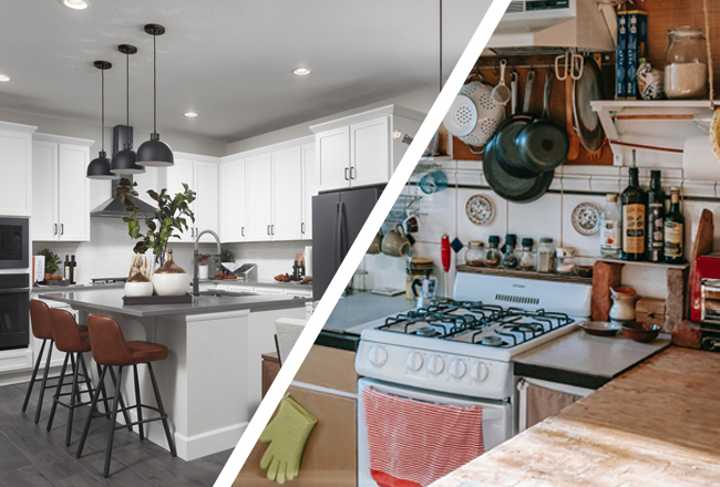 Side-by-side comparison of kitchen in new home and kitchen in resale home