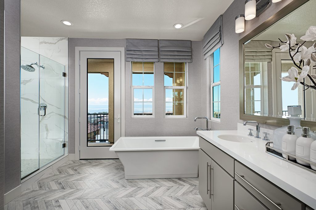 Owner's bath with chevron tile flooring