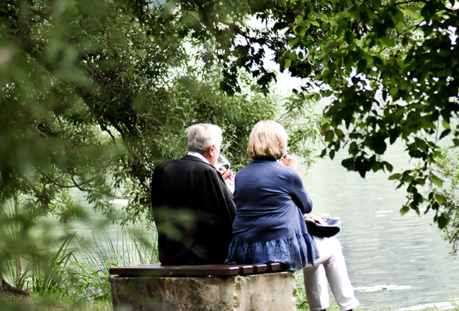 Backs of older couple sitting on a bench
