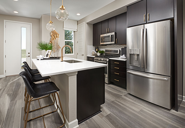 Kitchen with dark wood cabinets, stainless steel appliances, and gold finishes