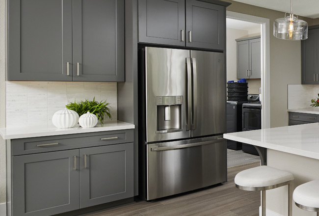 Kitchen featuring gray cabinets with door hardware