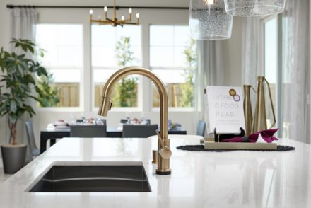 Kitchen island with quartz countertops and gold faucet