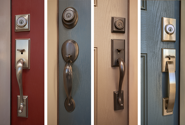 Collage of four different handles and locksets on front doors