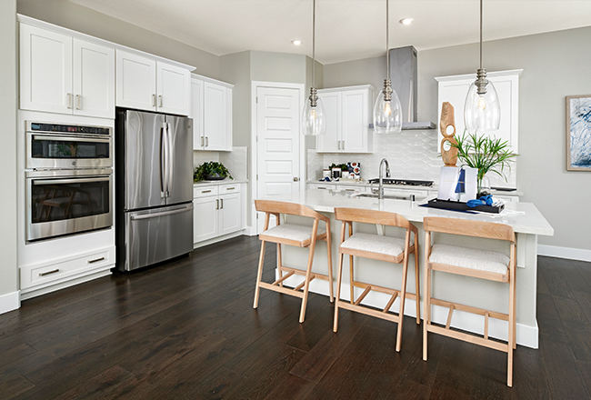 Kitchen with light cabinets, dark hardwoods, a double oven and glass pendants