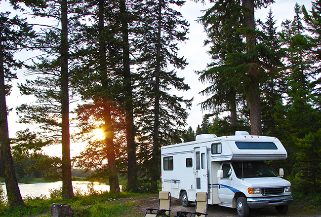 recreational vehicle parked at a remote campsite