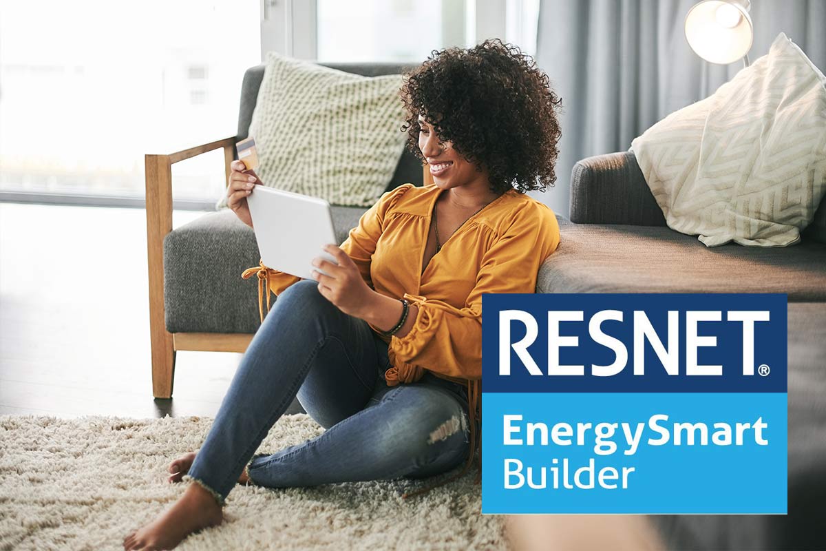 Happy homeowner looking at a tablet, plus a RESNET EnergySmart Builder logo