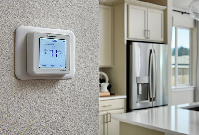 Programmable thermostat on a wall just outside a kitchen
