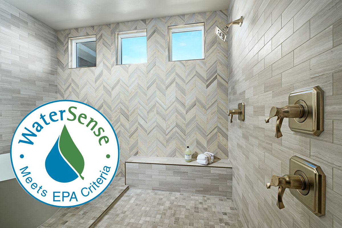 Beautiful walk-in shower with WaterSense logo overlay