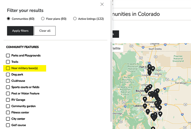 Screen capture showing website filters highlighting communities near military bases