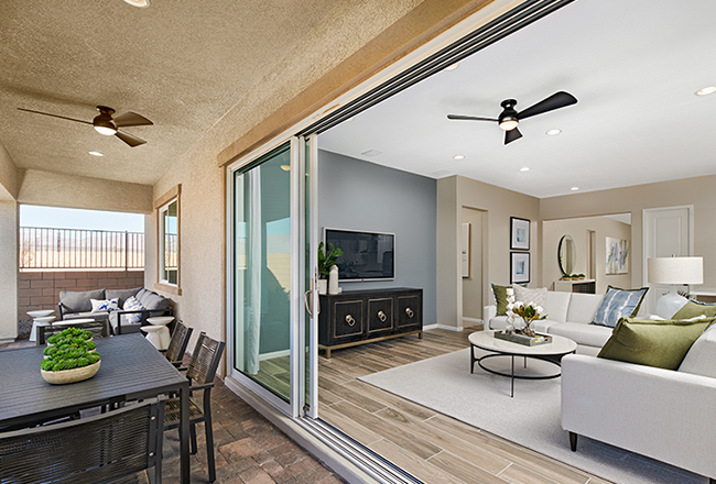 Sliding glass doors at an attached covered patio