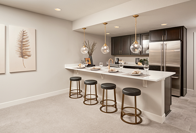 Basement bar with dark cabinets and stainless-steel refrigerator