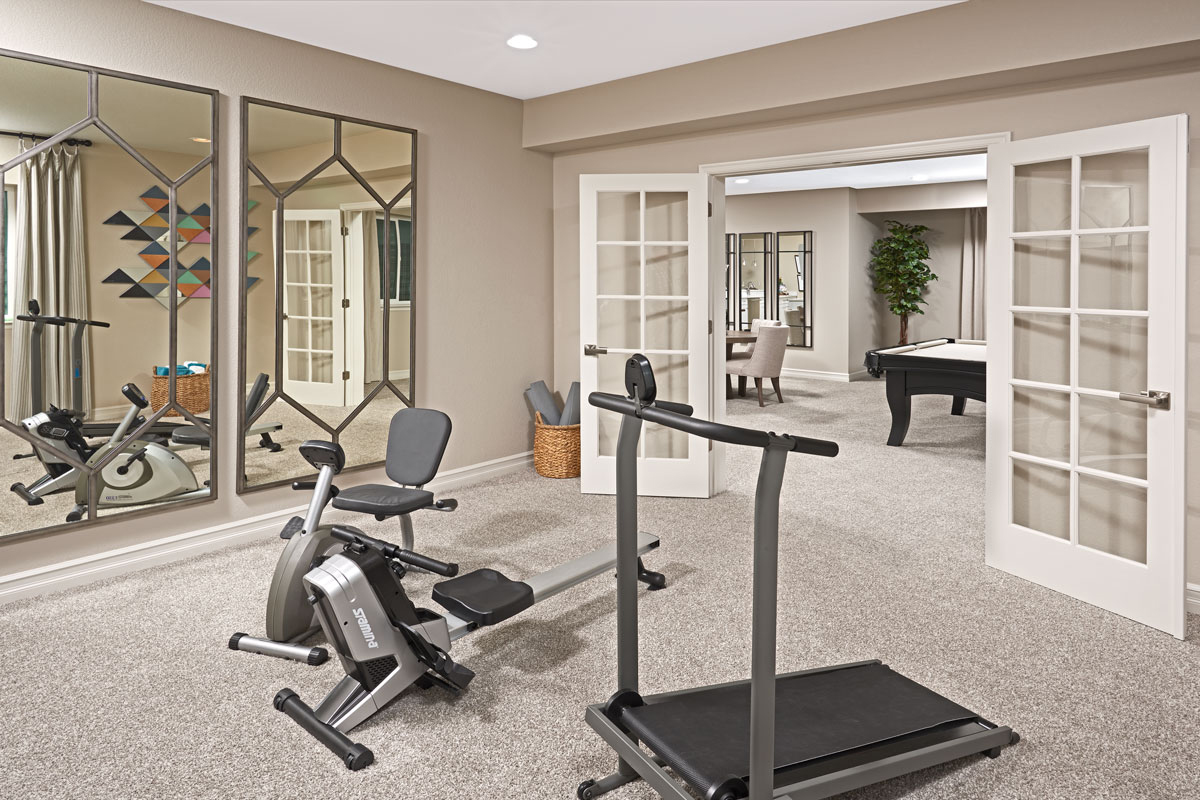 Home gym with cardio machines and mirrors