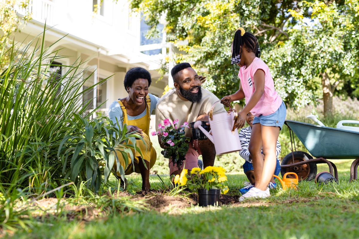 A family planting flowers in the backyard together