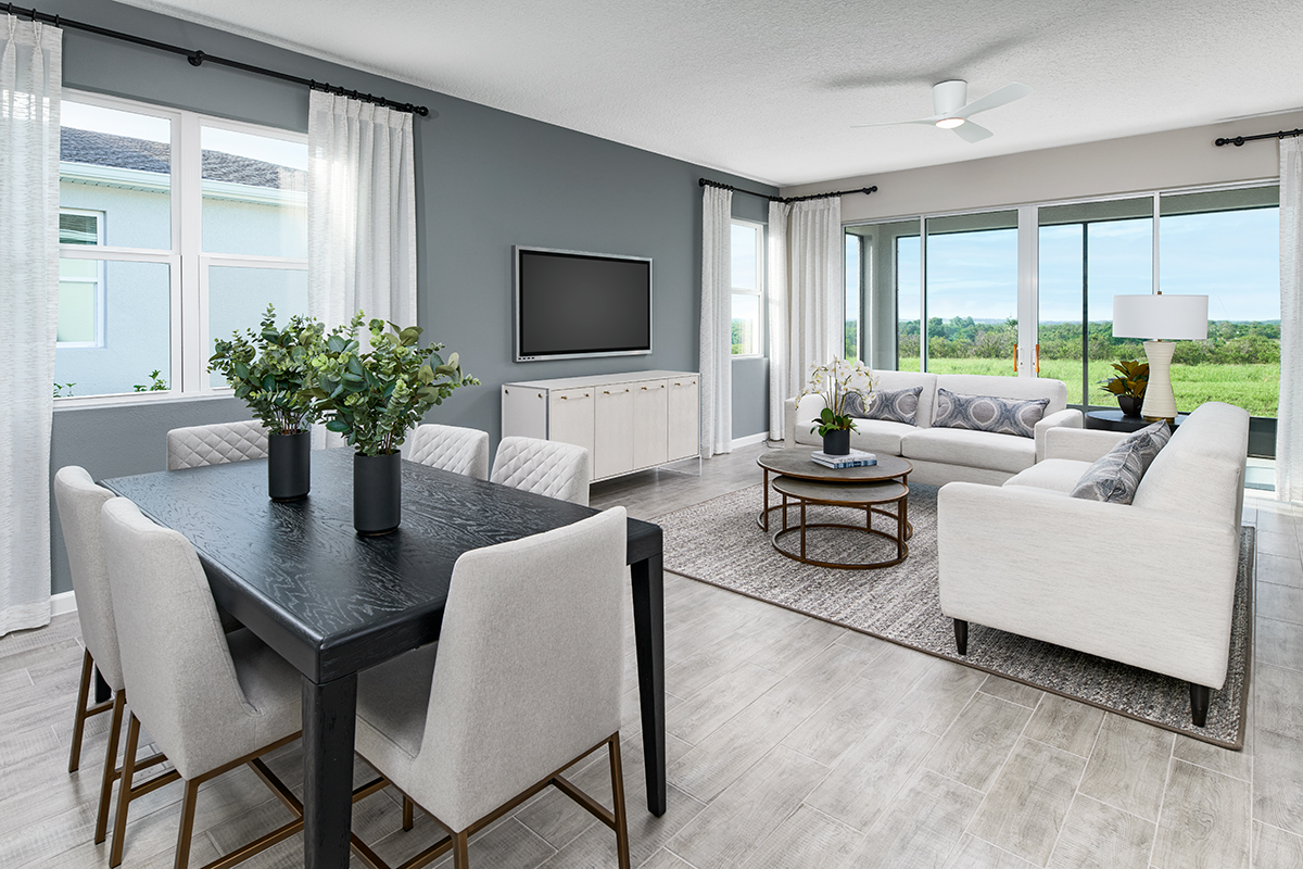 An inviting dining area and adjacent great room