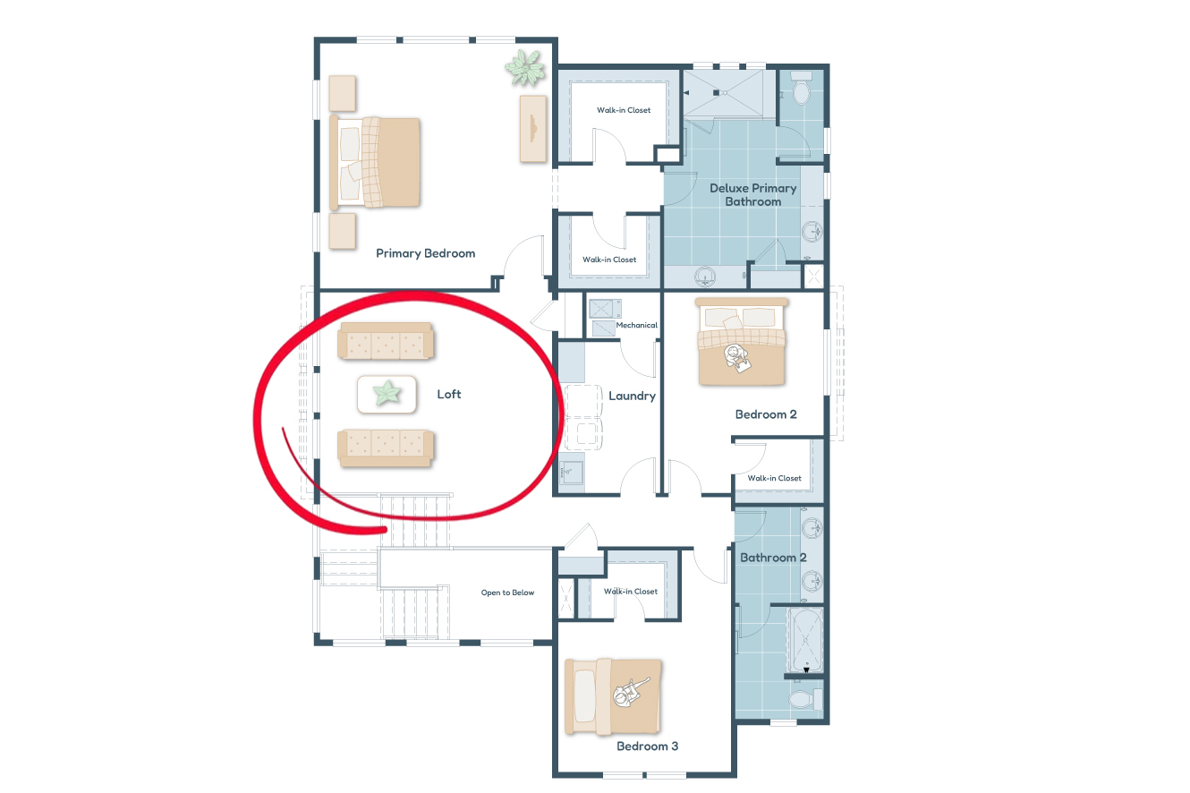 A floor plan of a new home's second floor, with the loft space highlighted
