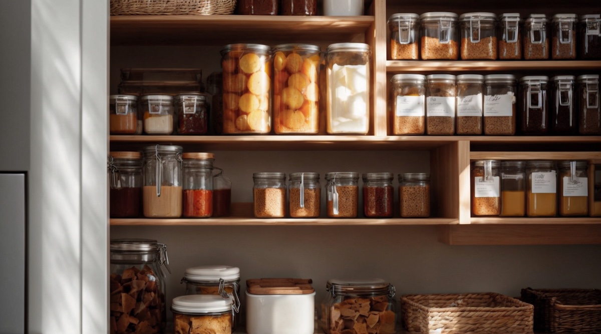 food neatly organized in jars in a pantry