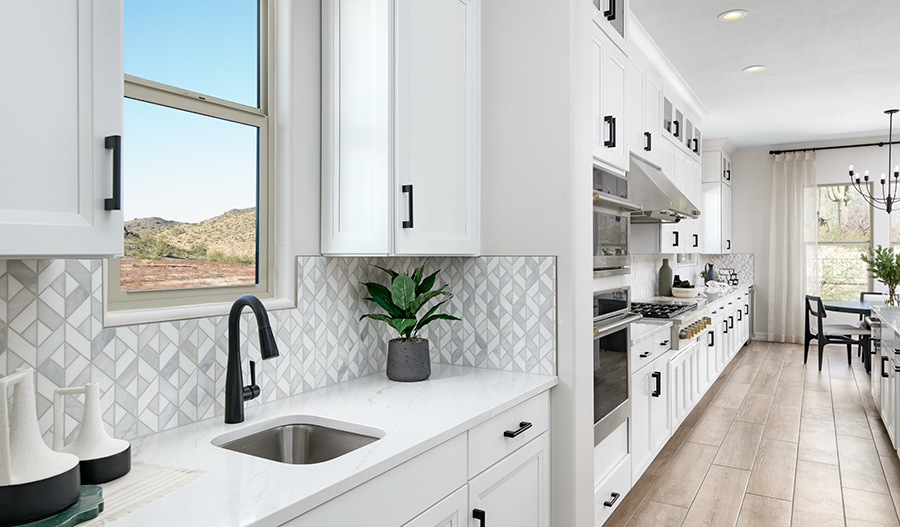 White kitchen cabinetry and a butler's pantry with a built-in sink