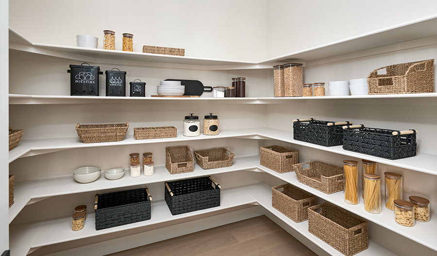 Well-organized food items in a walk-in pantry