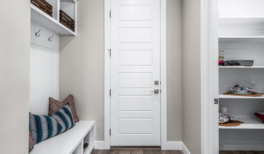 A walk-in pantry next to a garage door
