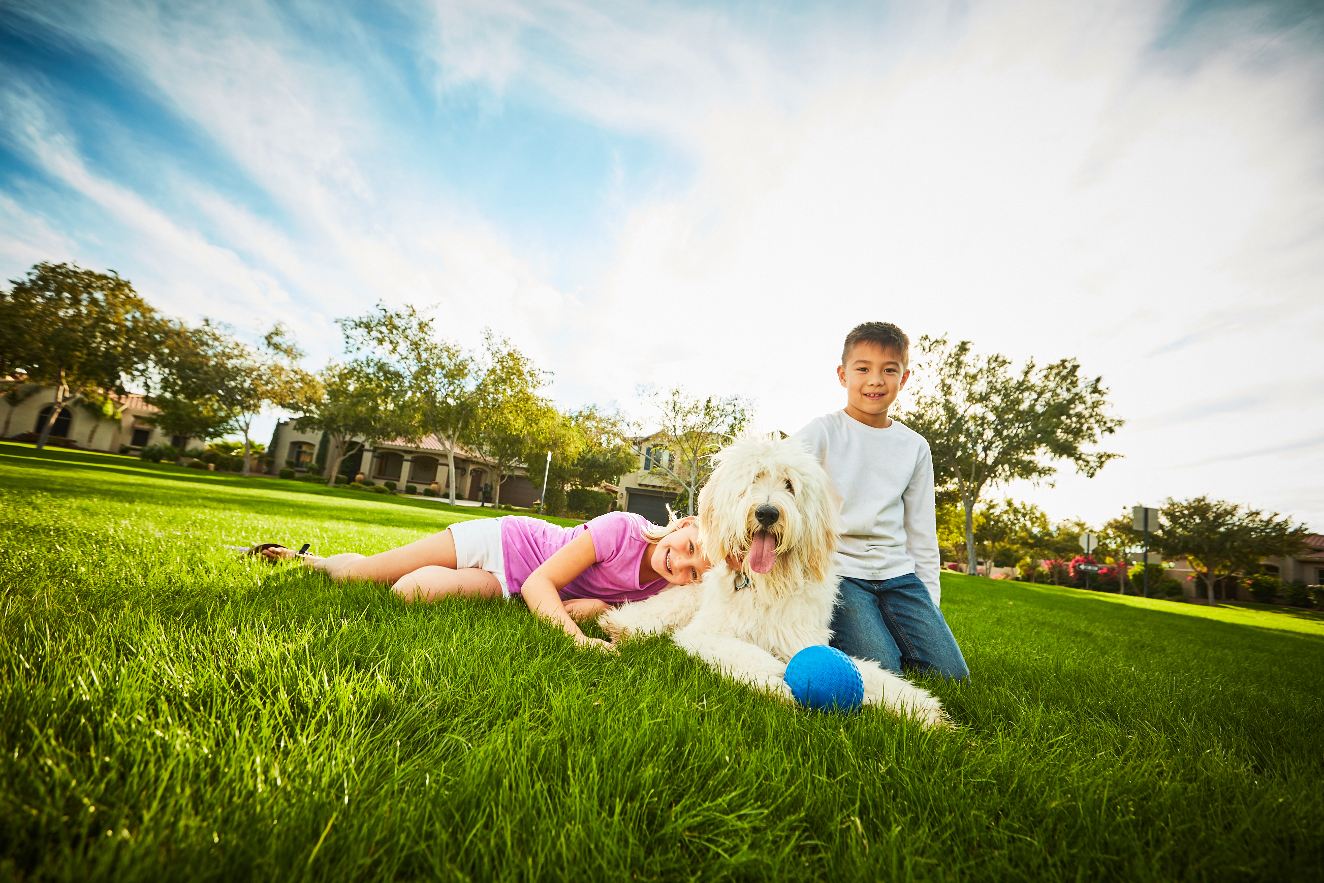 Two kids with their dog in a community green space