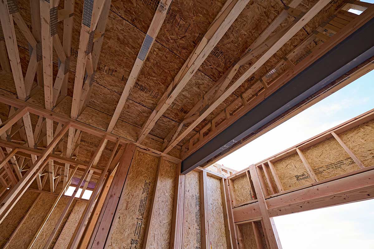 A wooden house frame interior