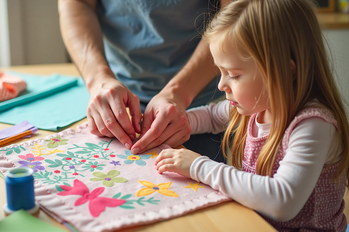 A parent and child working on a craft together