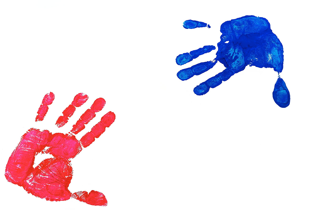red and blue paint handprints