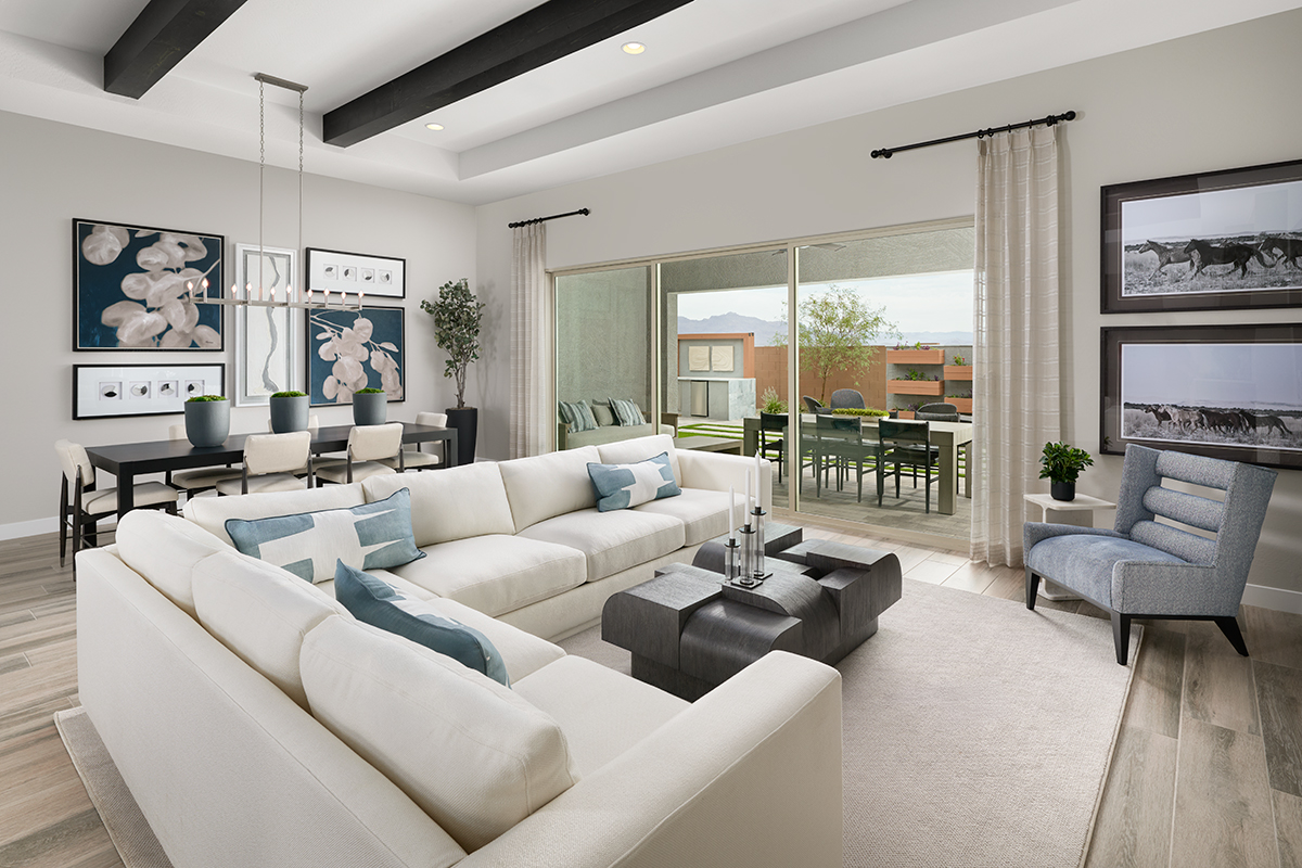 An inviting great room and adjacent dining area