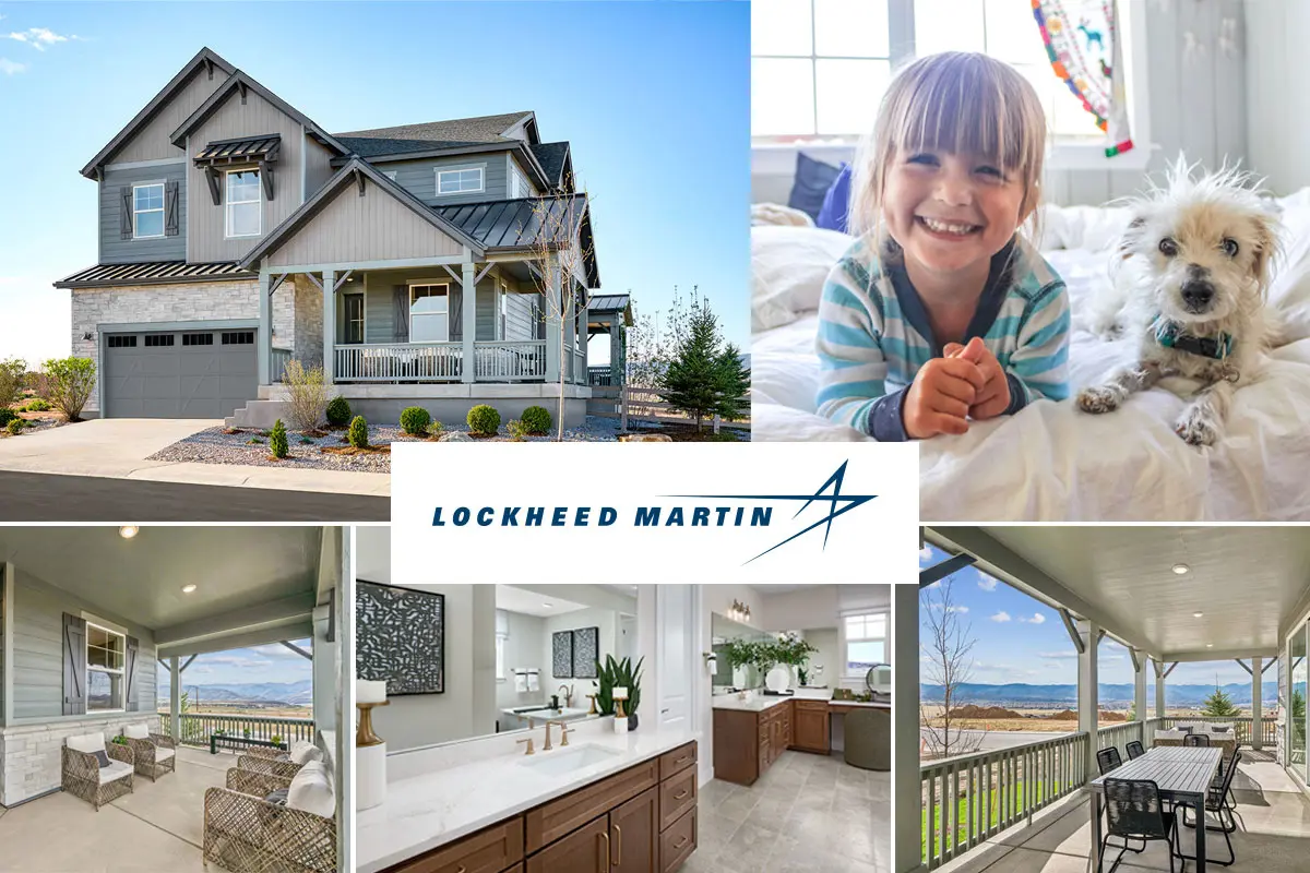 Collage of exterior and interior images of home, a little girl and her dog and the Lockheed Martin logo over top