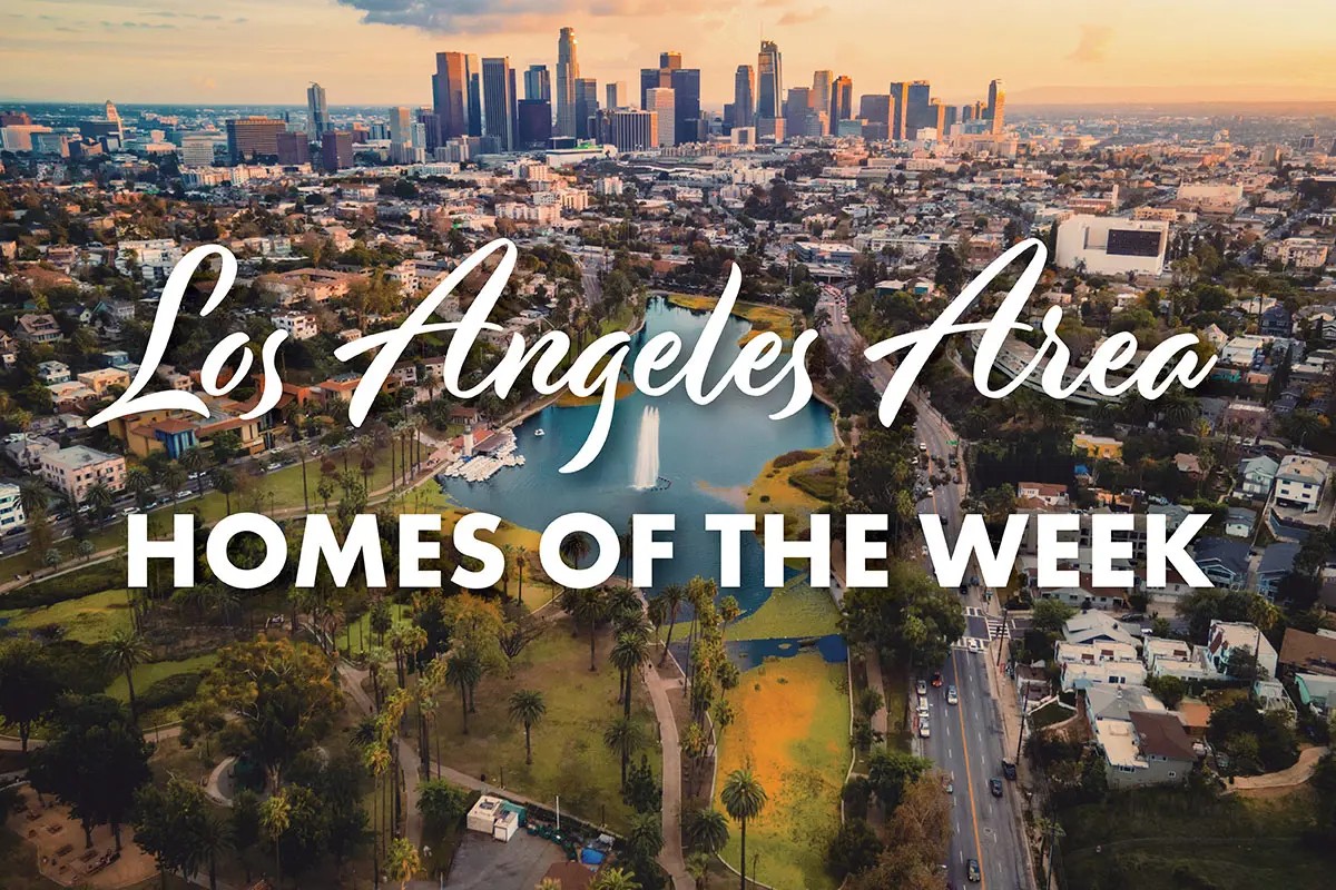 Los Angeles Homes of the Week logo over aerial image of city