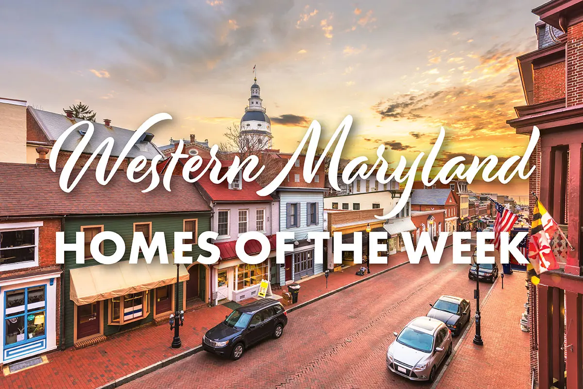 Western Maryland Homes of the Week logo over image of downtown shops