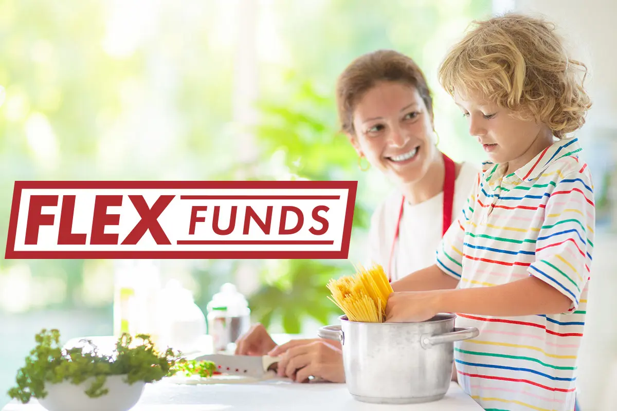 Parent and child making pasta with Flex Funds logo over top.