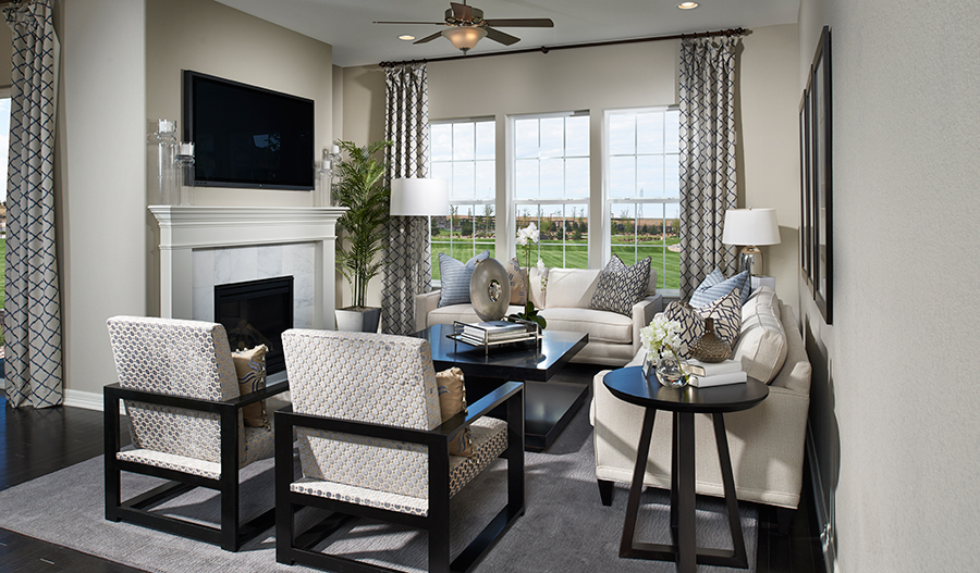 Family room with fireplace in the Avalon floor plan