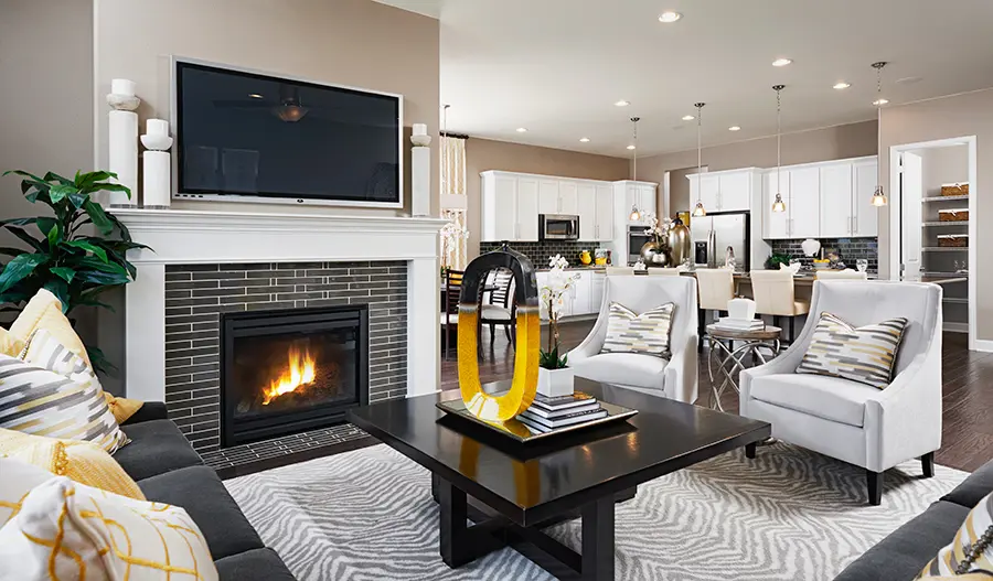 The Avalon Great room with fireplace in the Avalon floor plan