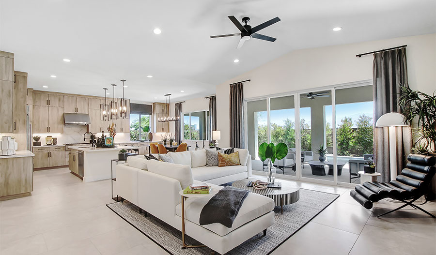 Spacious great room and adjacent kitchen