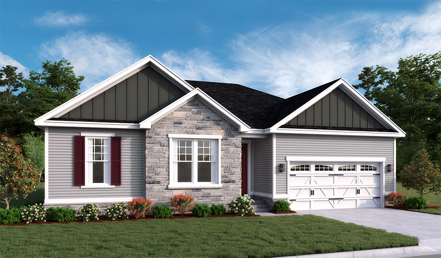 New home stone front exterior of Decker floor plan