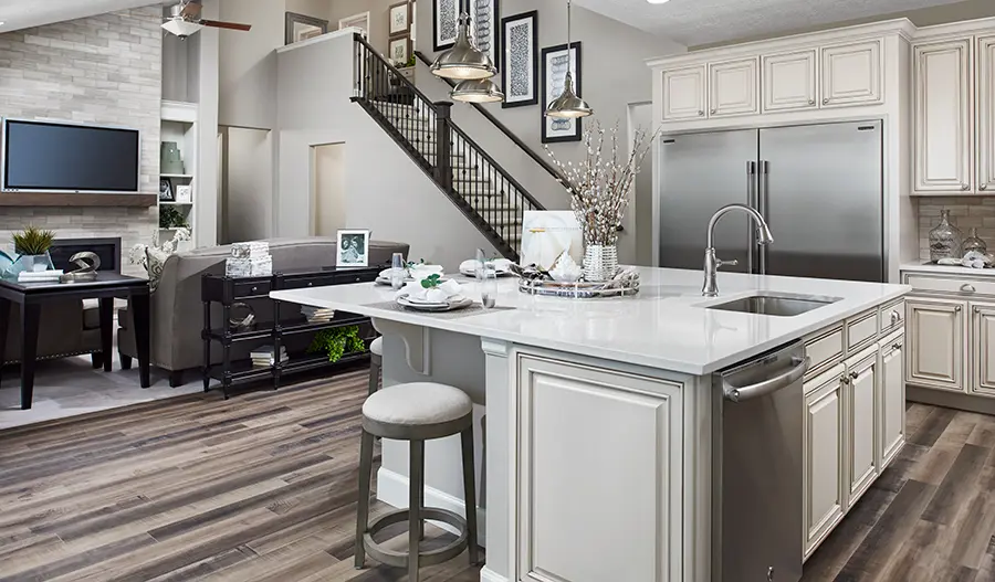 Kitchen and great room of the Helena floor plan