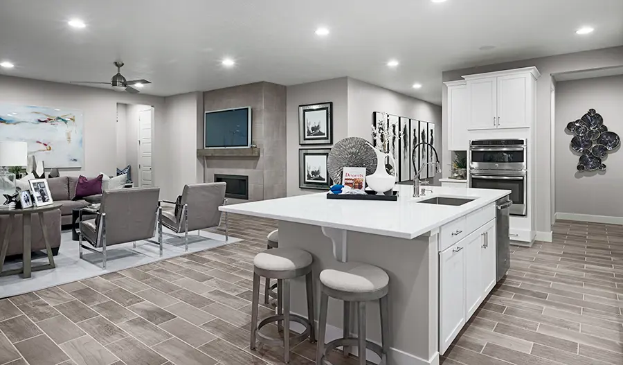 Kitchen and great room of the Bedford floor plan