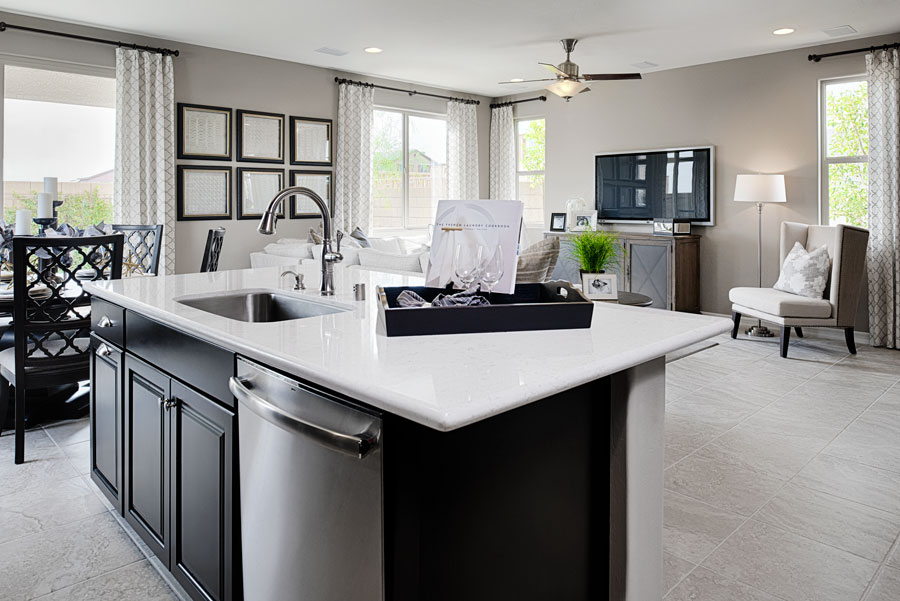 Kitchen and family room in the Boxwood floor plan