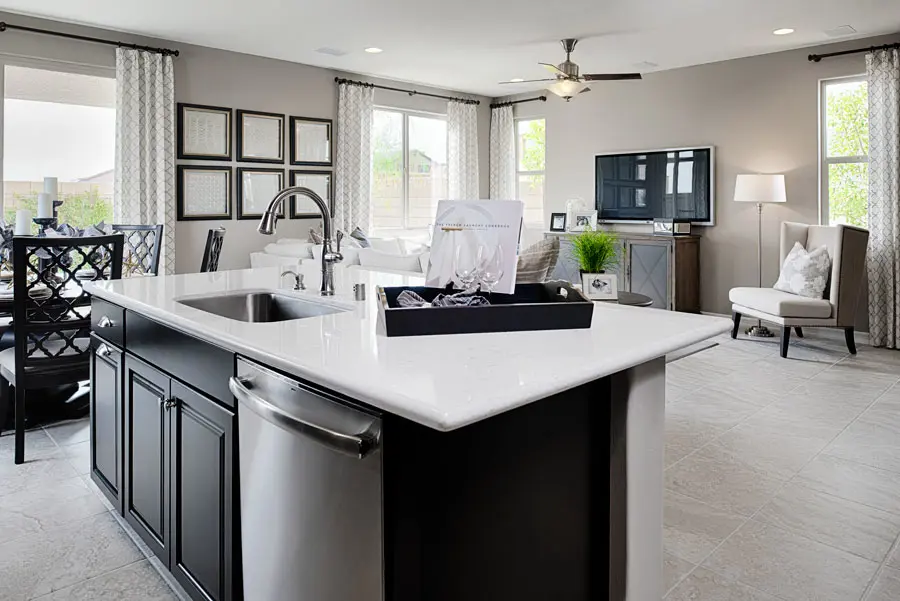 Kitchen and family room in the Boxwood floor plan