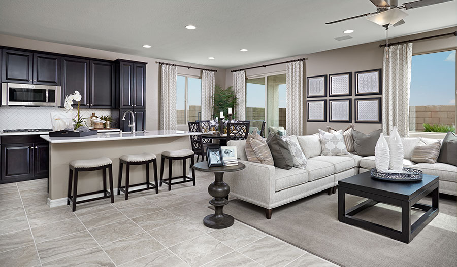 Kitchen and family room in the Boxwood floor plan