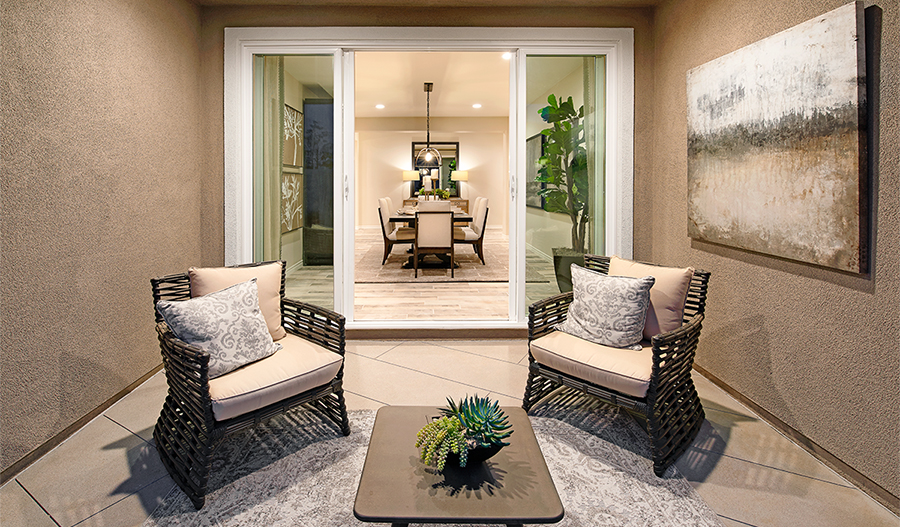Patio dining area of the Julia plan in Marisol in California