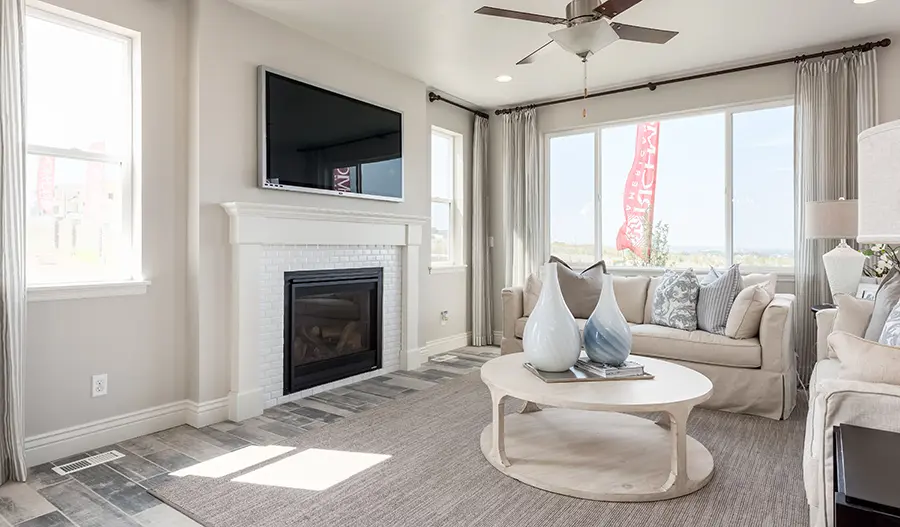 Greatroom and fireplace of the Leah plan in South Hills