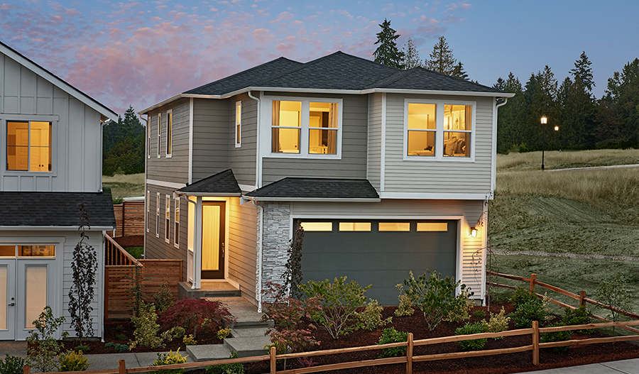 Exterior of the Elbert plan at dusk in Westridge