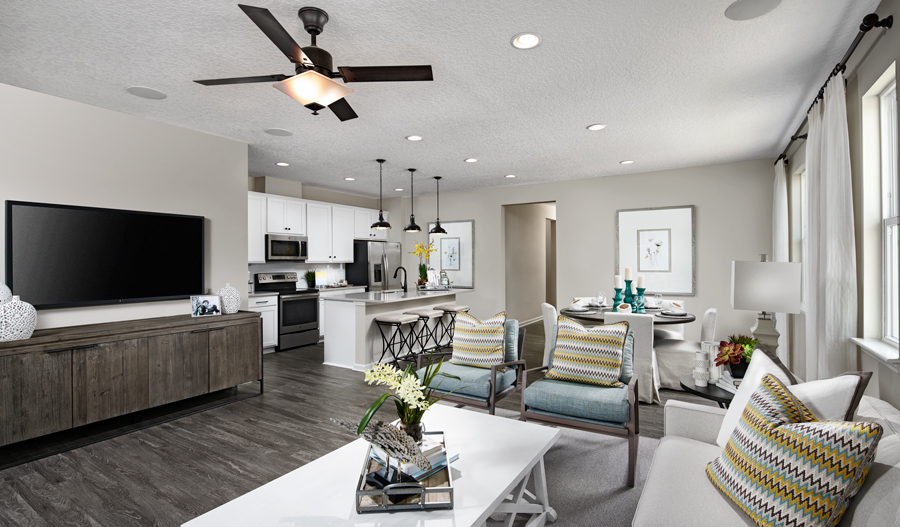 Great room of the Larimar plan in Pine Ridge
