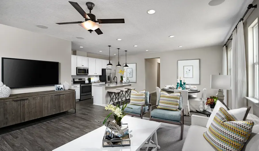 Great room of the Larimar plan in Pine Ridge