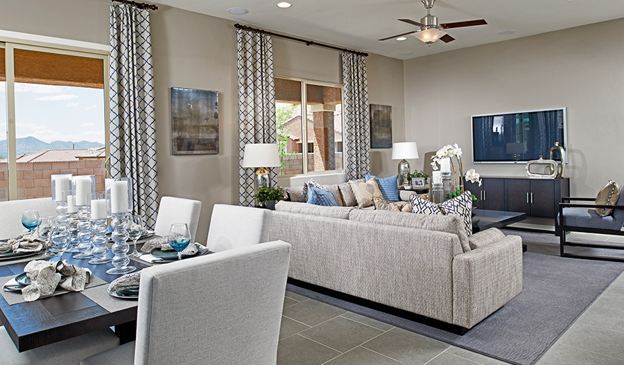 Family room and dining room in the Timothy floor plan