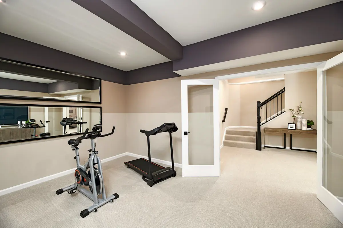 Home gym equipment in finished basement