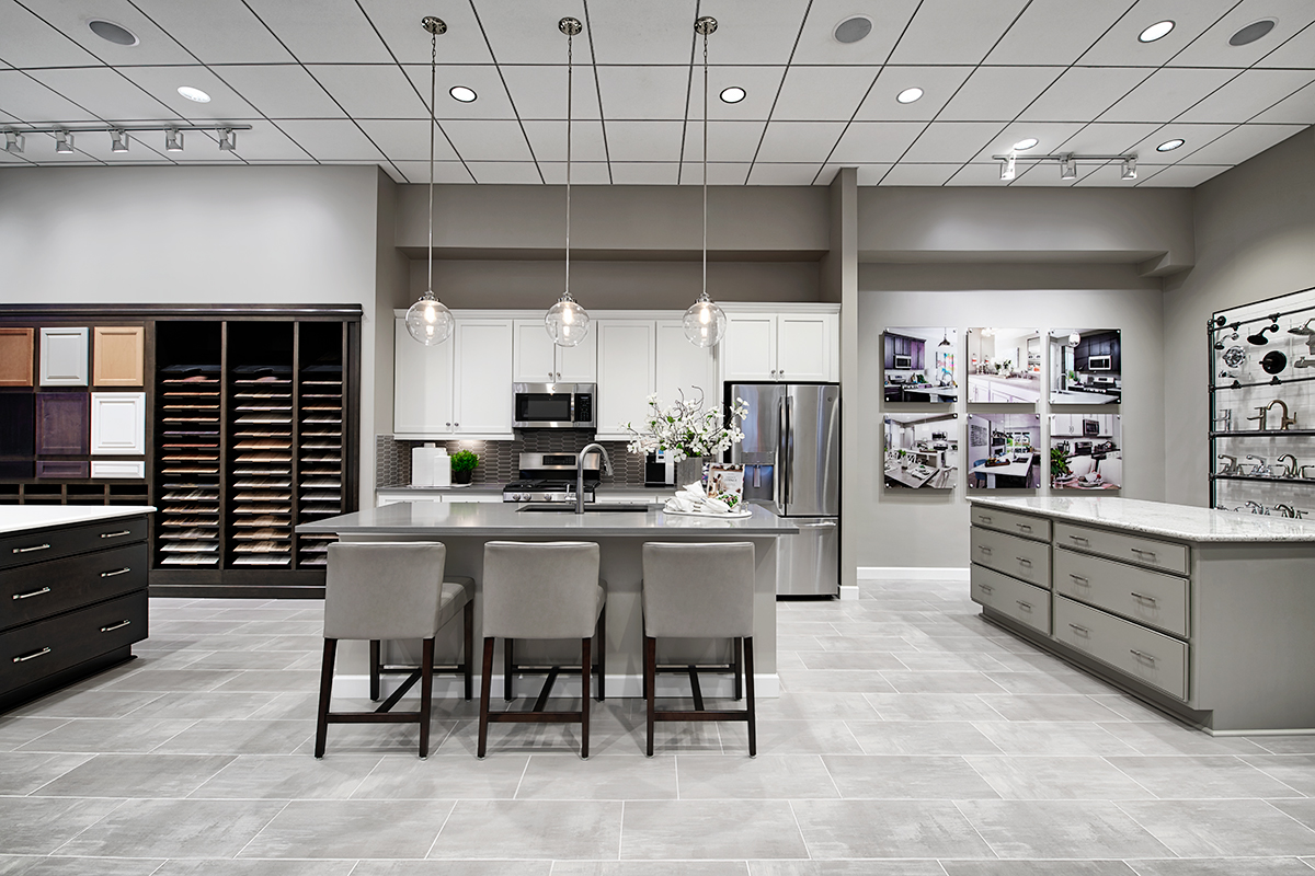 Home Gallery room with display kitchen, cabinet samples, and hardware samples