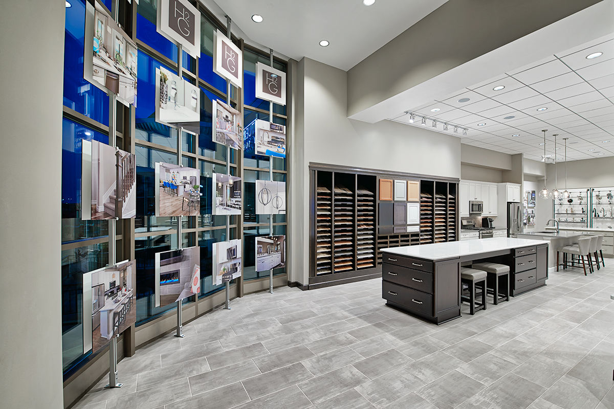 Home Gallery room with hanging images of example rooms and cabinet samples